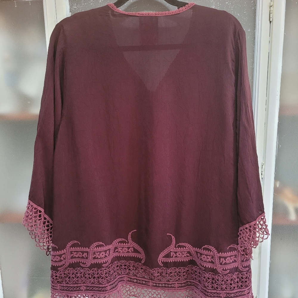 Johnny Was Embroidered V-Neck Top - Burgundy - Picture 9 of 14